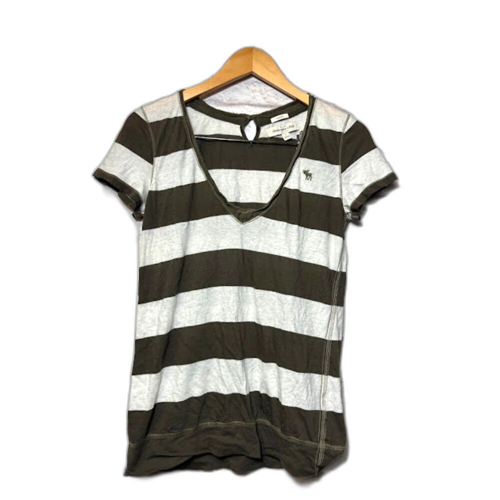 Abercrombie & Fitch y2k V Neck T Shirt Striped Sheer Green White Preppy sz L